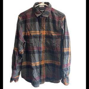 Express Gray Orange Plaid Flannel Mens Shirt Long Sleeve Casual Classic Preppy